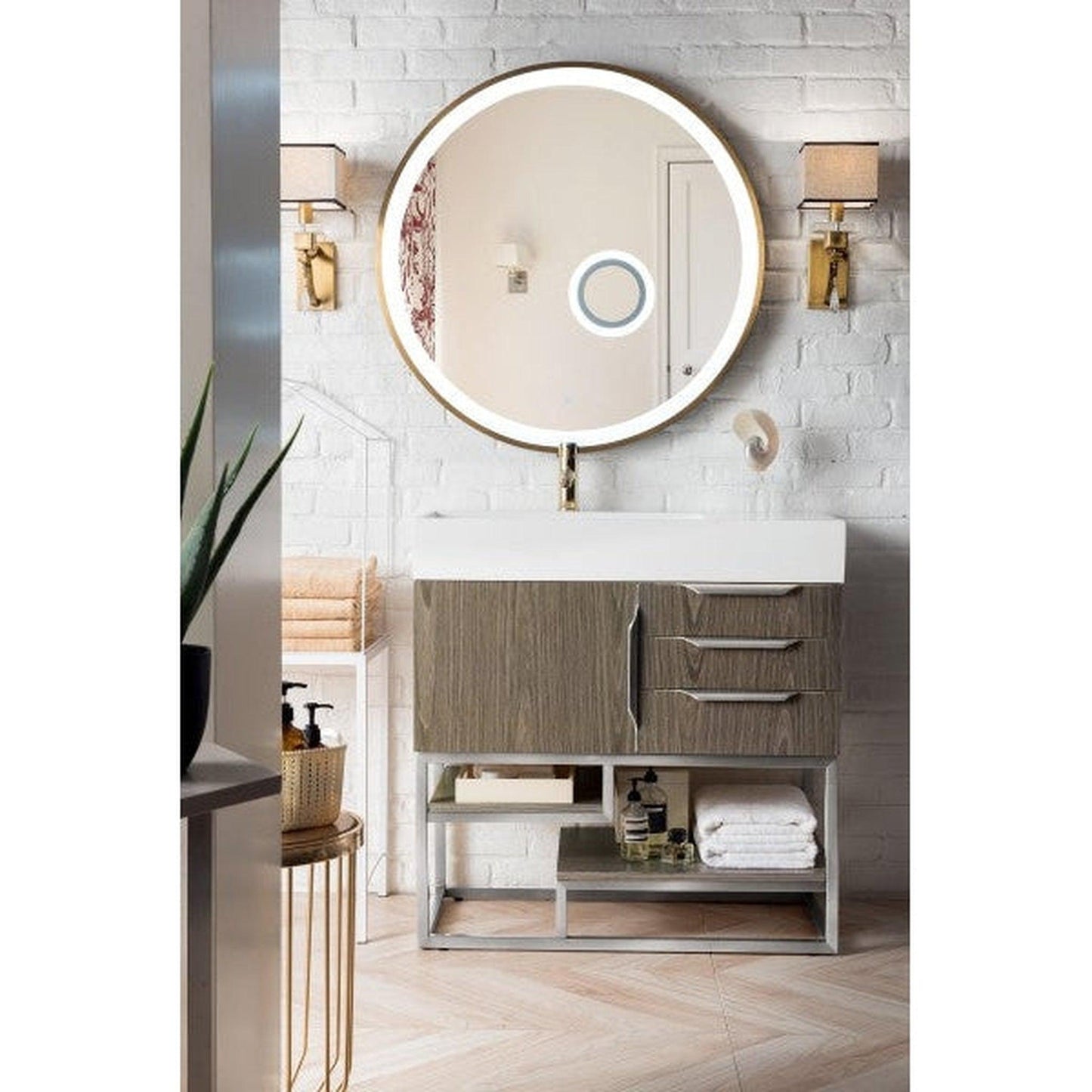 James Martin Columbia 36" Single Ash Gray Bathroom Vanity With 6" Glossy White Composite Countertop
