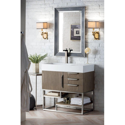 James Martin Columbia 36" Single Ash Gray Bathroom Vanity With 6" Glossy White Composite Countertop