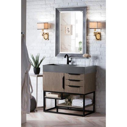 James Martin Columbia 36" Single Ash Gray Bathroom Vanity With Matte Black Hardware and 6" Glossy Dusk Gray Composite Countertop