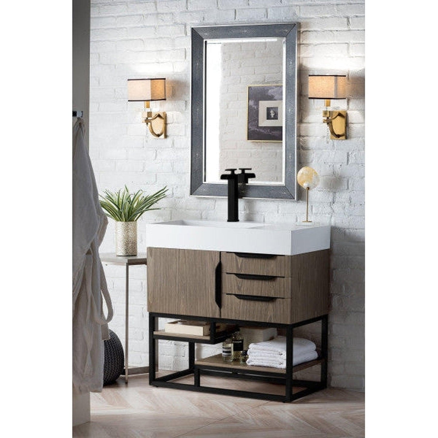 James Martin Columbia 36" Single Ash Gray Bathroom Vanity With Matte Black Hardware and 6" Glossy White Composite Countertop