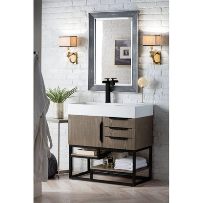 James Martin Columbia 36" Single Ash Gray Bathroom Vanity With Matte Black Hardware and 6" Glossy White Composite Countertop