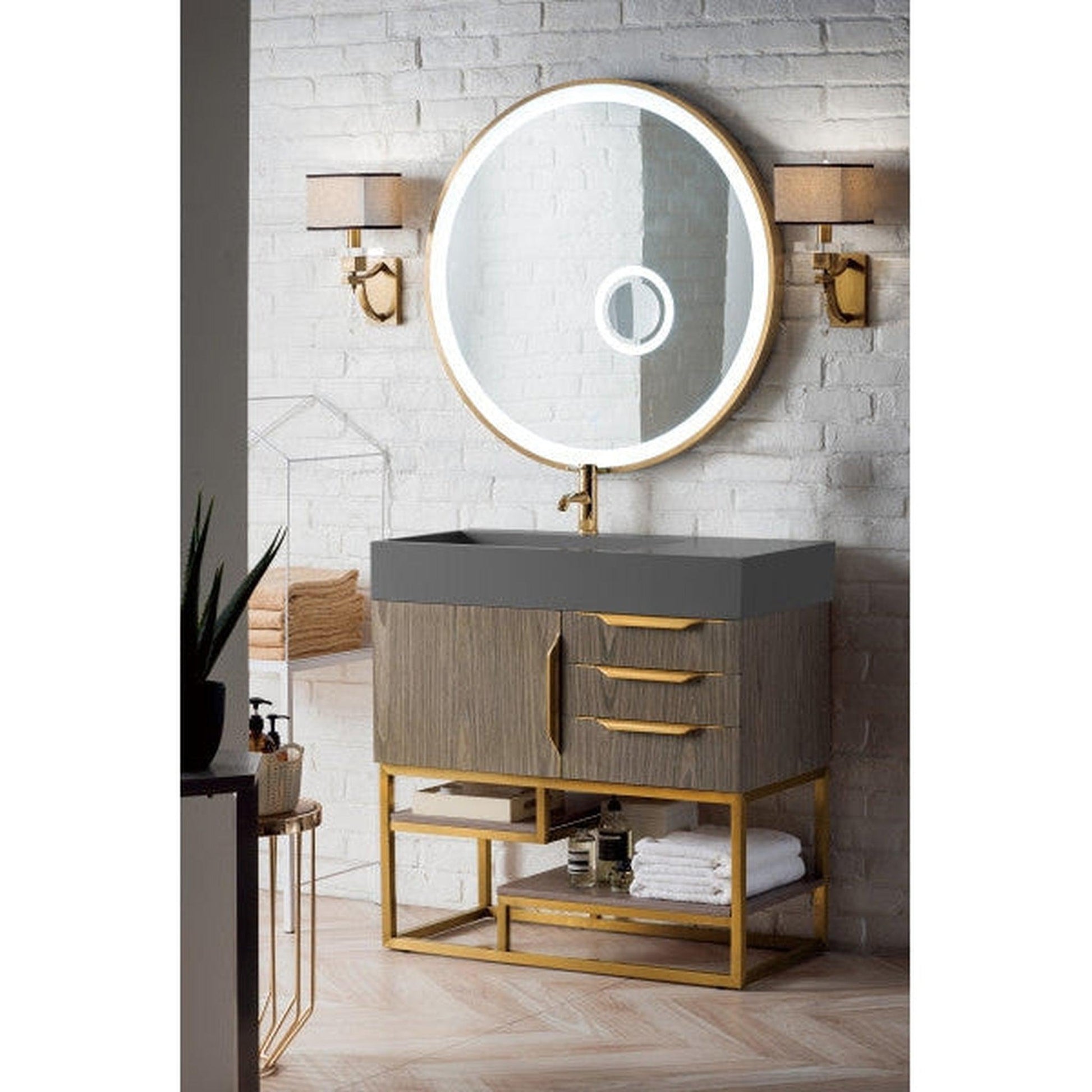 James Martin Columbia 36" Single Ash Gray Bathroom Vanity With Radiant Gold Hardware and 6" Glossy Dusk Gray Composite Countertop