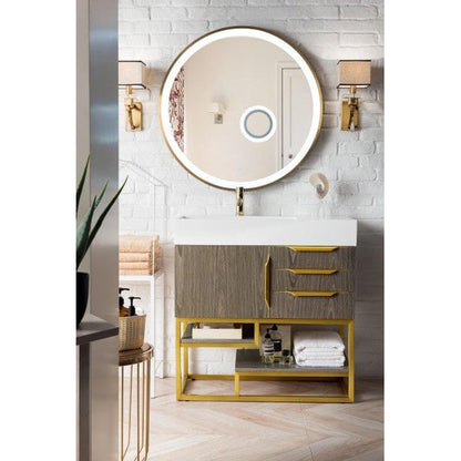 James Martin Columbia 36" Single Ash Gray Bathroom Vanity With Radiant Gold Hardware and 6" Glossy White Composite Countertop
