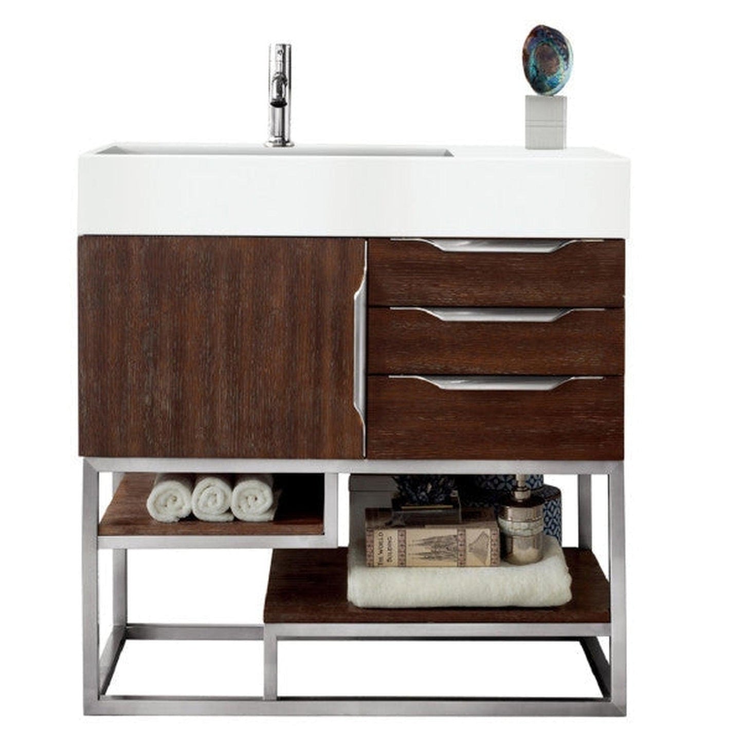 James Martin Columbia 36" Single Coffee Oak Bathroom Vanity With 6" Glossy White Composite Countertop