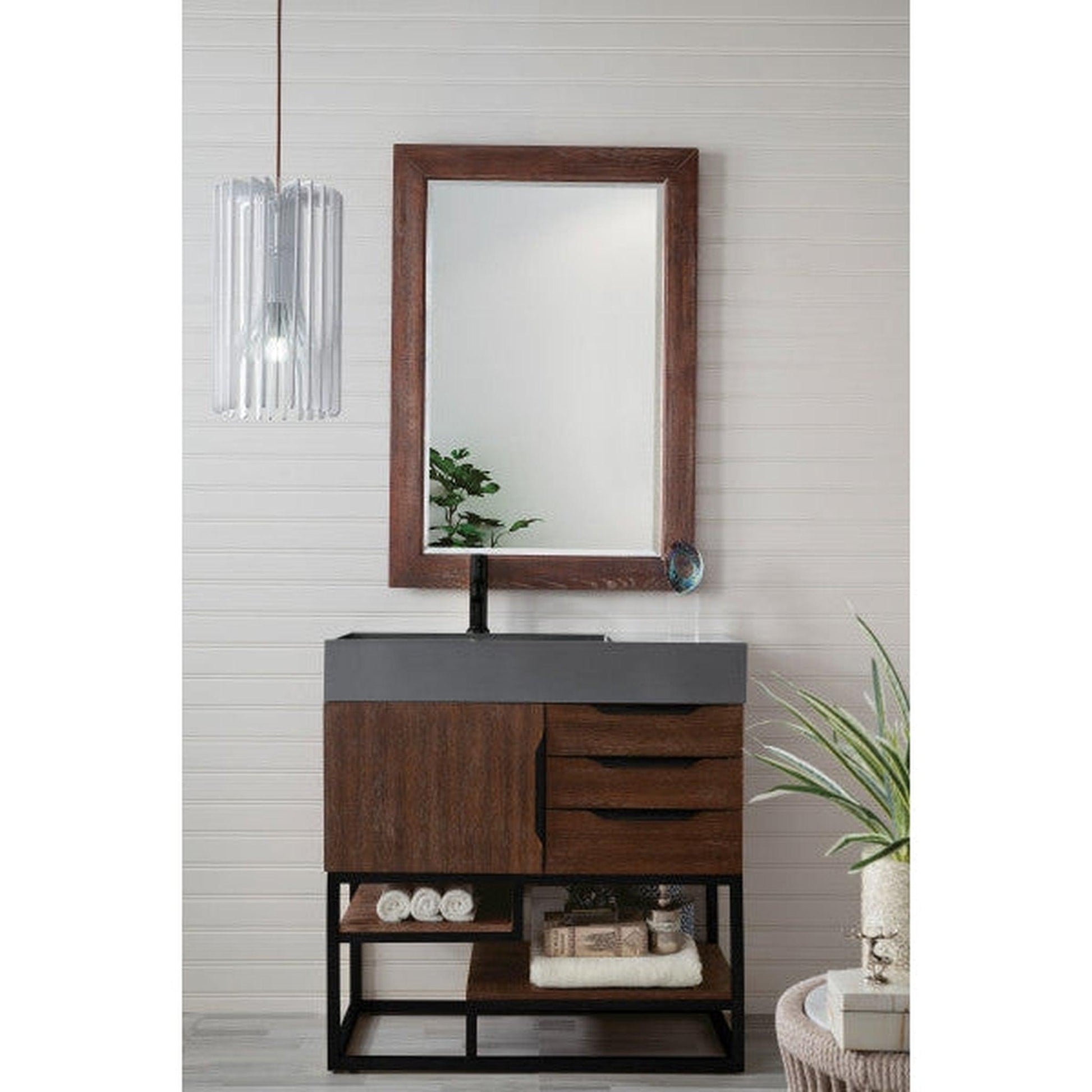 James Martin Columbia 36" Single Coffee Oak Bathroom Vanity With Matte Black Hardware and 6" Glossy Dusk Gray Composite Countertop