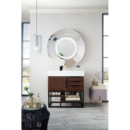 James Martin Columbia 36" Single Coffee Oak Bathroom Vanity With Matte Black Hardware and 6" Glossy White Composite Countertop