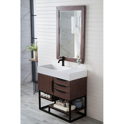 James Martin Columbia 36" Single Coffee Oak Bathroom Vanity With Matte Black Hardware and 6" Glossy White Composite Countertop
