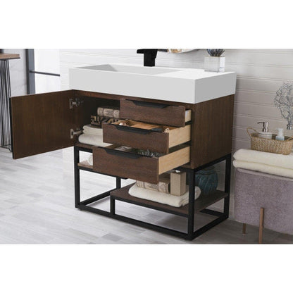 James Martin Columbia 36" Single Coffee Oak Bathroom Vanity With Matte Black Hardware and 6" Glossy White Composite Countertop