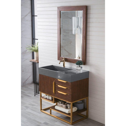 James Martin Columbia 36" Single Coffee Oak Bathroom Vanity With Radiant Gold Hardware and 6" Glossy Dusk Gray Composite Countertop