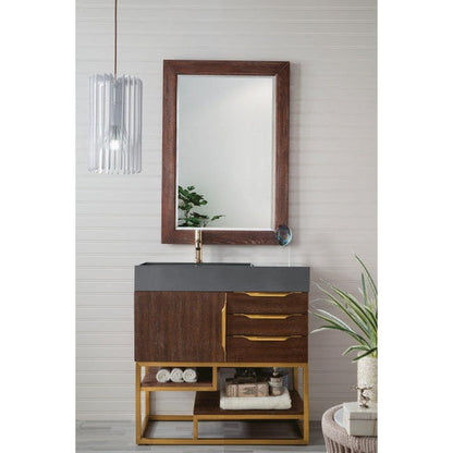 James Martin Columbia 36" Single Coffee Oak Bathroom Vanity With Radiant Gold Hardware and 6" Glossy Dusk Gray Composite Countertop