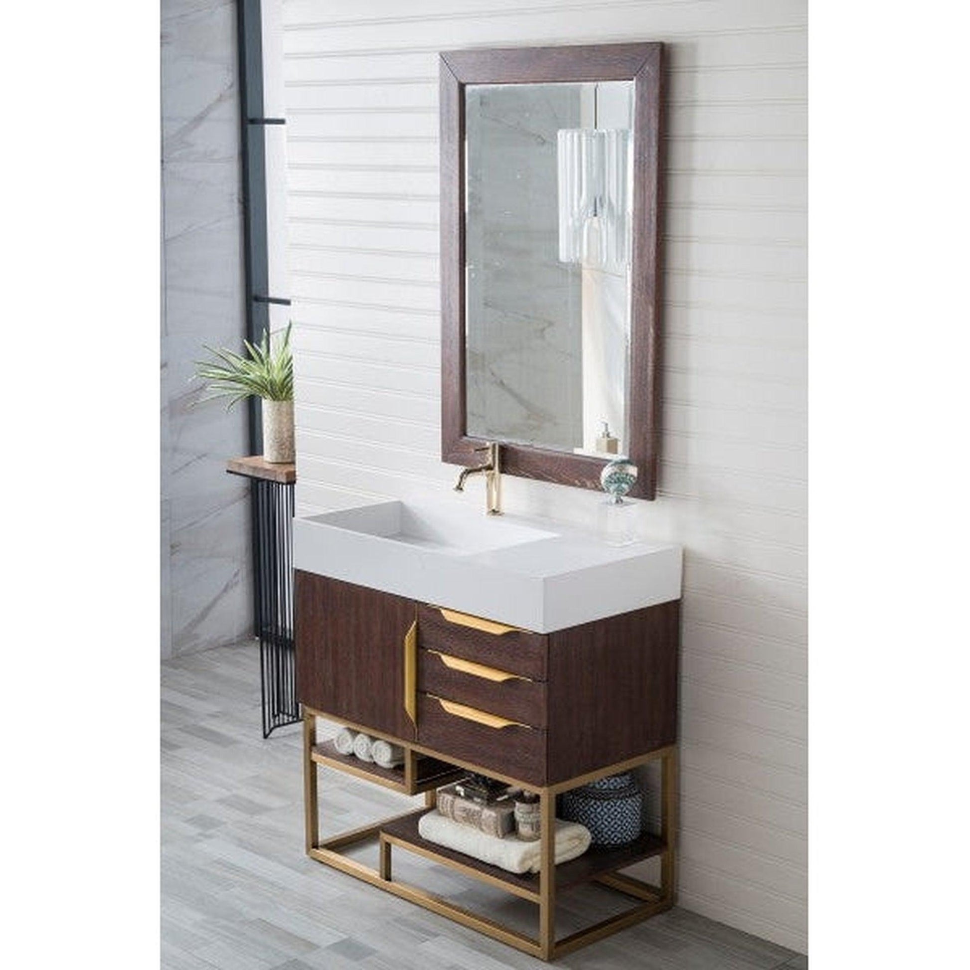 James Martin Columbia 36" Single Coffee Oak Bathroom Vanity With Radiant Gold Hardware and 6" Glossy White Composite Countertop