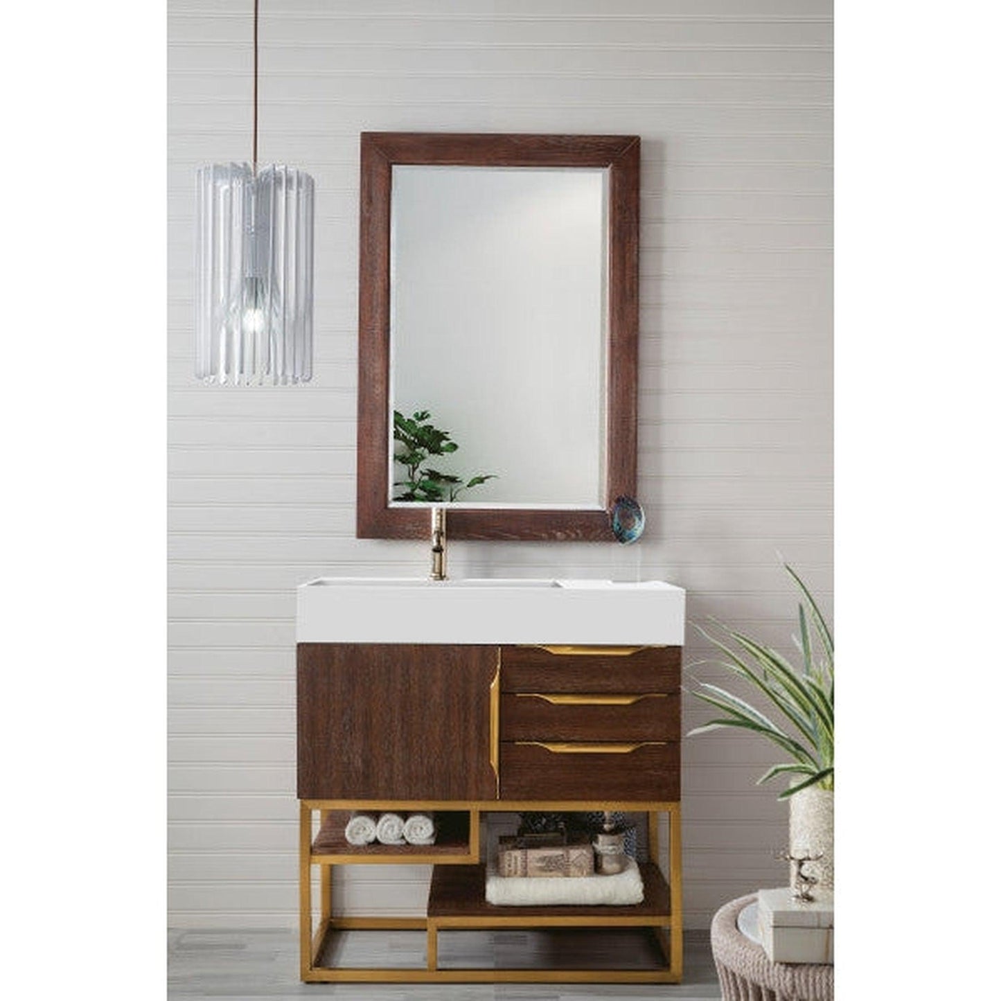 James Martin Columbia 36" Single Coffee Oak Bathroom Vanity With Radiant Gold Hardware and 6" Glossy White Composite Countertop