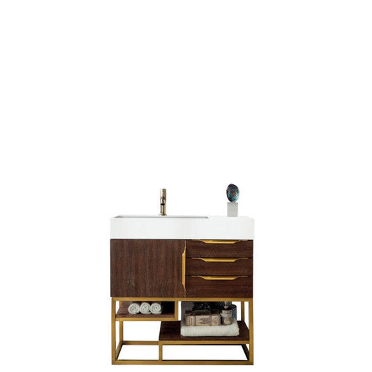 James Martin Columbia 36" Single Coffee Oak Bathroom Vanity With Radiant Gold Hardware and 6" Glossy White Composite Countertop