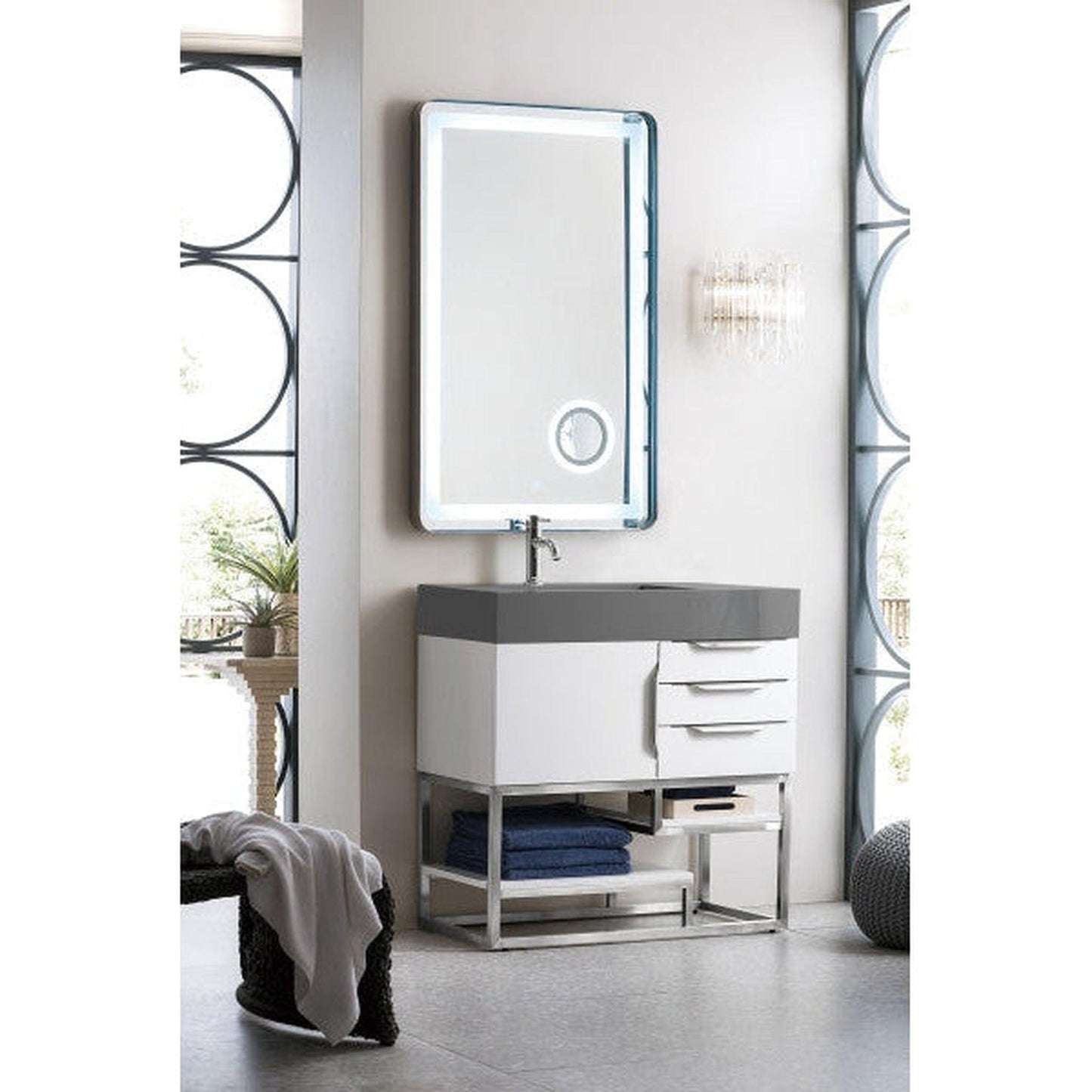 James Martin Columbia 36" Single Glossy White Bathroom Vanity With 6" Glossy Dusk Gray Composite Countertop