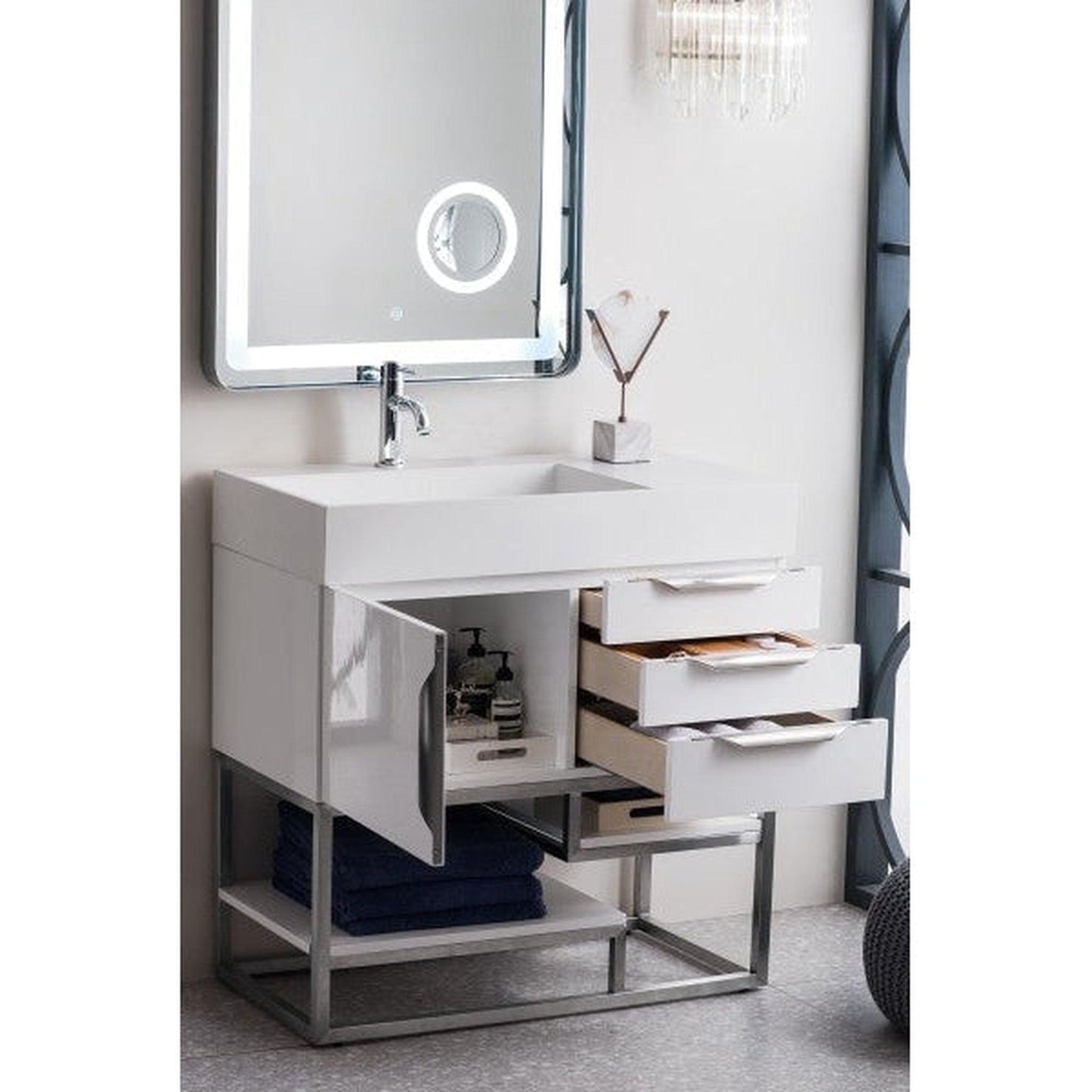 James Martin Columbia 36" Single Glossy White Bathroom Vanity With 6" Glossy White Composite Countertop