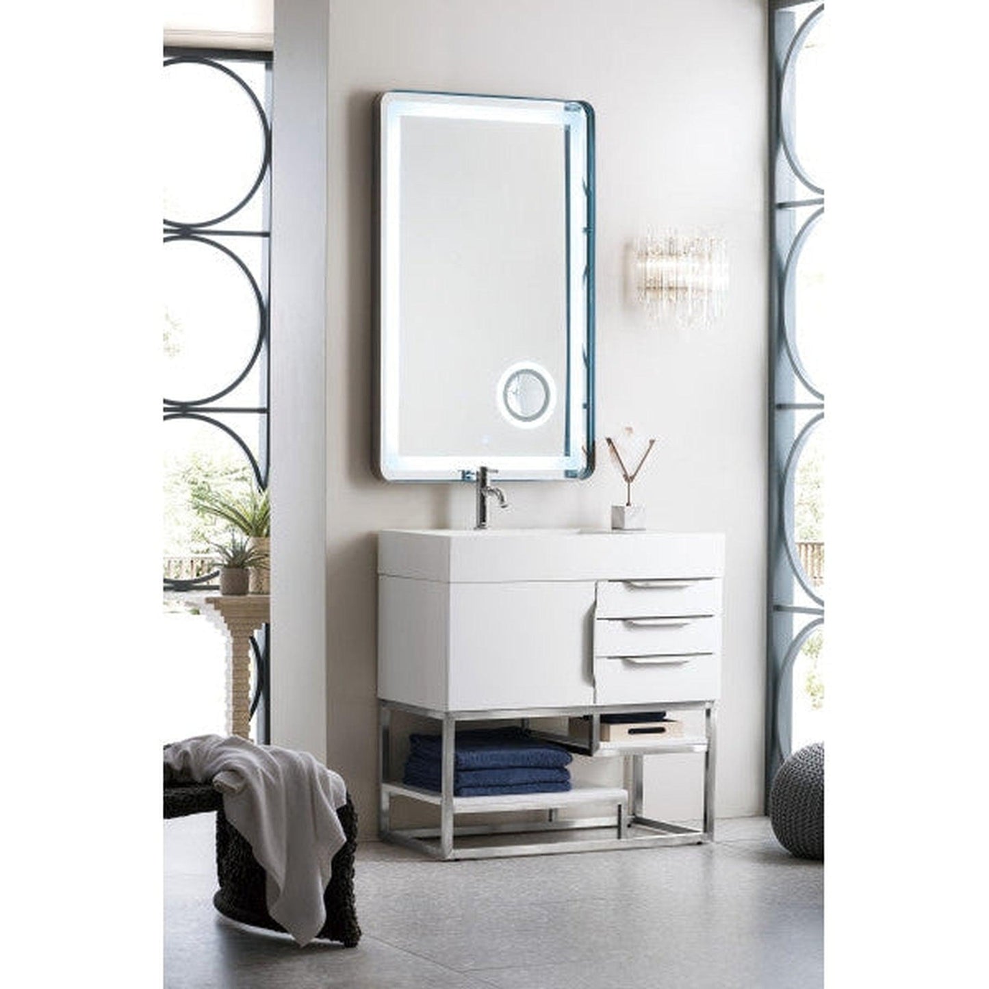 James Martin Columbia 36" Single Glossy White Bathroom Vanity With 6" Glossy White Composite Countertop