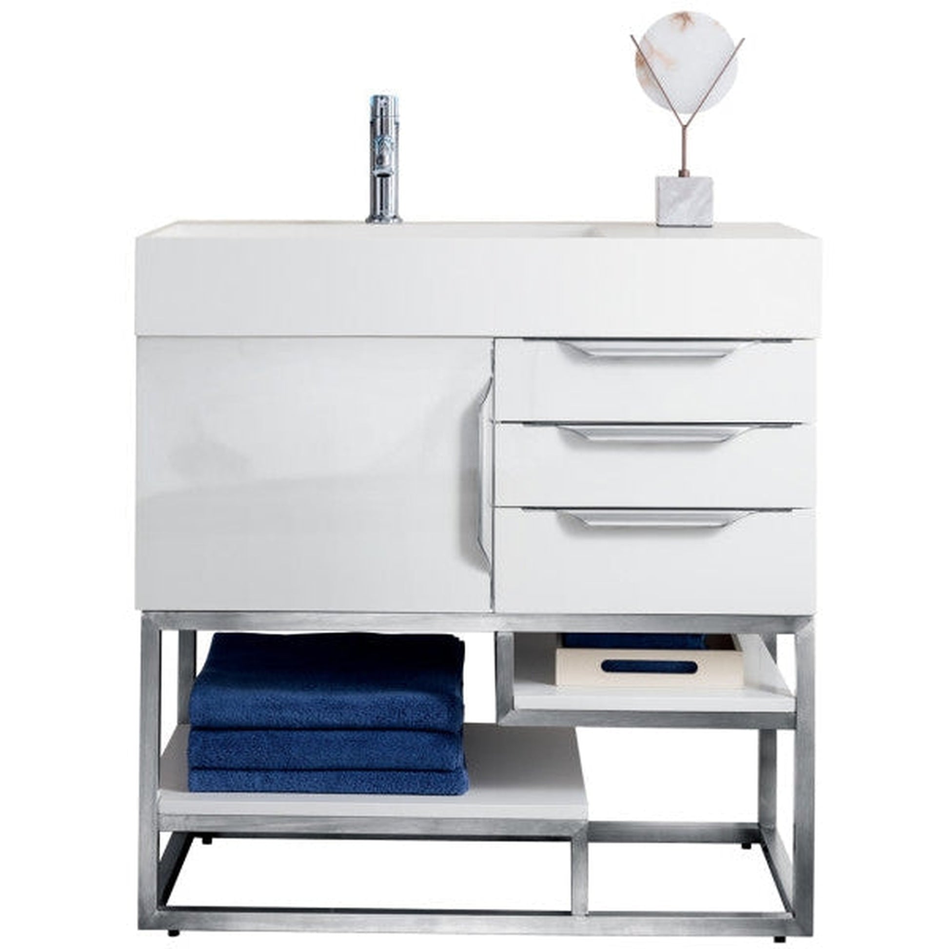 James Martin Columbia 36" Single Glossy White Bathroom Vanity With 6" Glossy White Composite Countertop