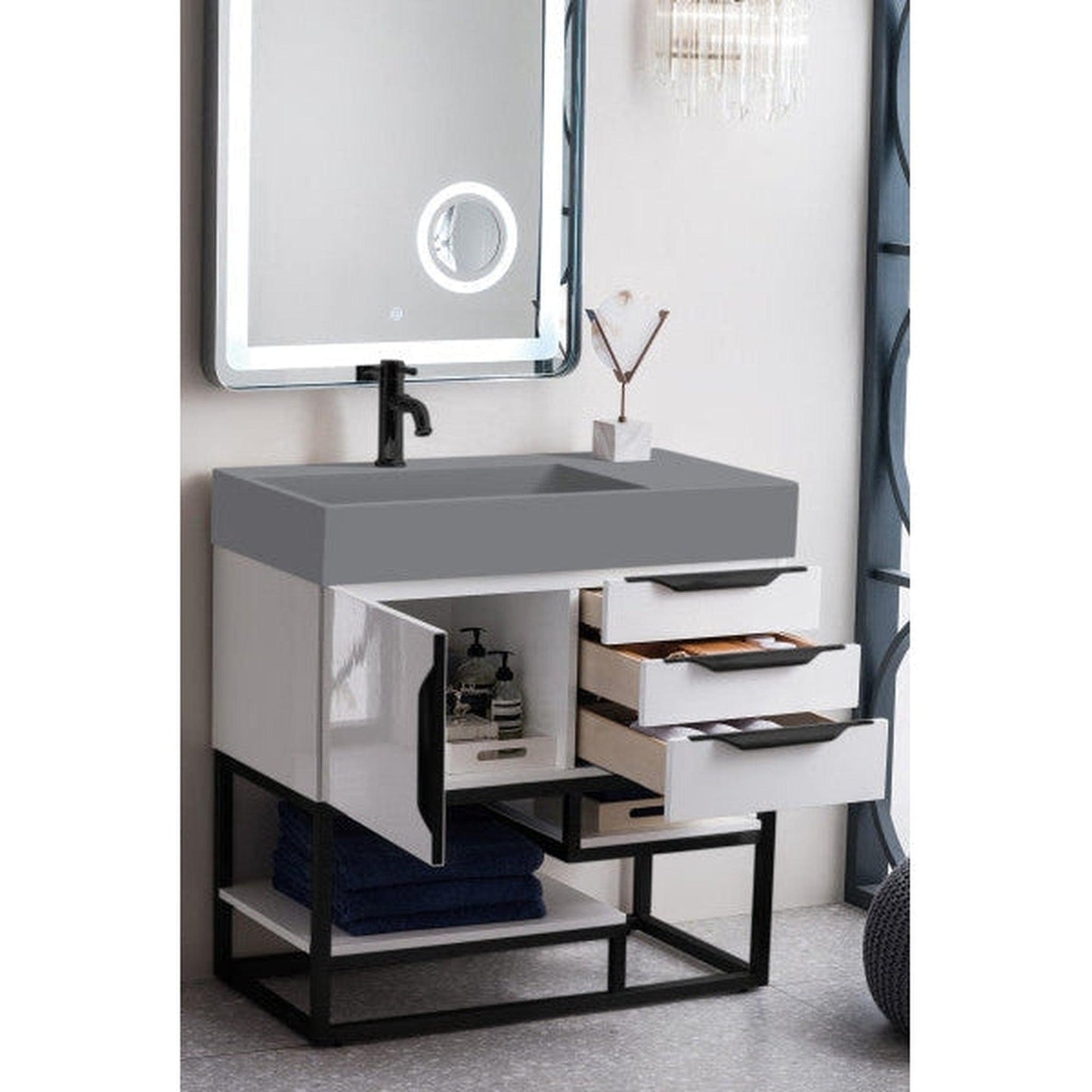 James Martin Columbia 36" Single Glossy White Bathroom Vanity With Matte Black Hardware and 6" Glossy Dusk Gray Composite Countertop