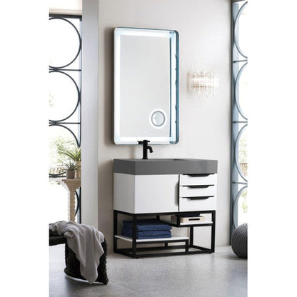 James Martin Columbia 36" Single Glossy White Bathroom Vanity With Matte Black Hardware and 6" Glossy Dusk Gray Composite Countertop