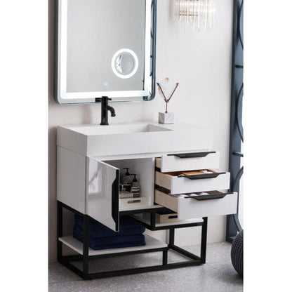 James Martin Columbia 36" Single Glossy White Bathroom Vanity With Matte Black Hardware and 6" Glossy White Composite Countertop