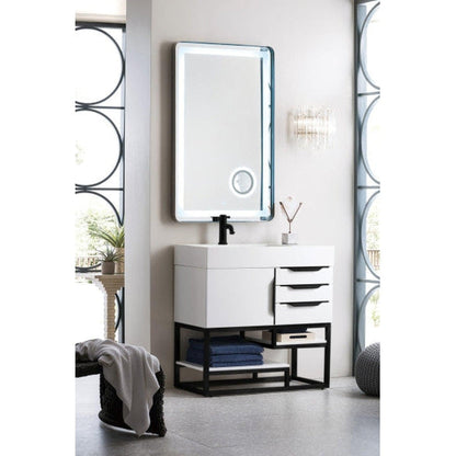 James Martin Columbia 36" Single Glossy White Bathroom Vanity With Matte Black Hardware and 6" Glossy White Composite Countertop