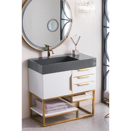 James Martin Columbia 36" Single Glossy White Bathroom Vanity With Radiant Gold Hardware and 6" Glossy Dusk Gray Composite Countertop
