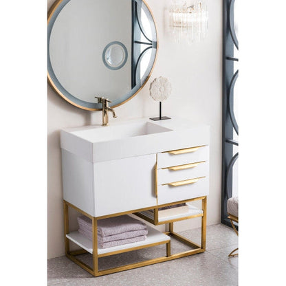 James Martin Columbia 36" Single Glossy White Bathroom Vanity With Radiant Gold Hardware and 6" Glossy White Composite Countertop
