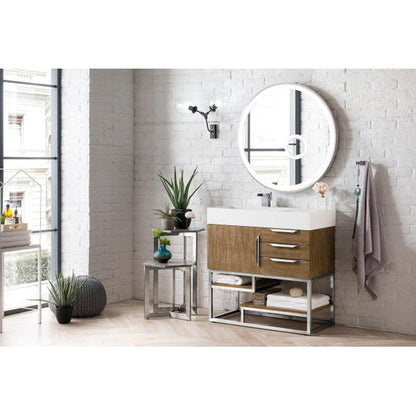 James Martin Columbia 36" Single Latte Oak Bathroom Vanity With 6" Glossy White Composite Countertop
