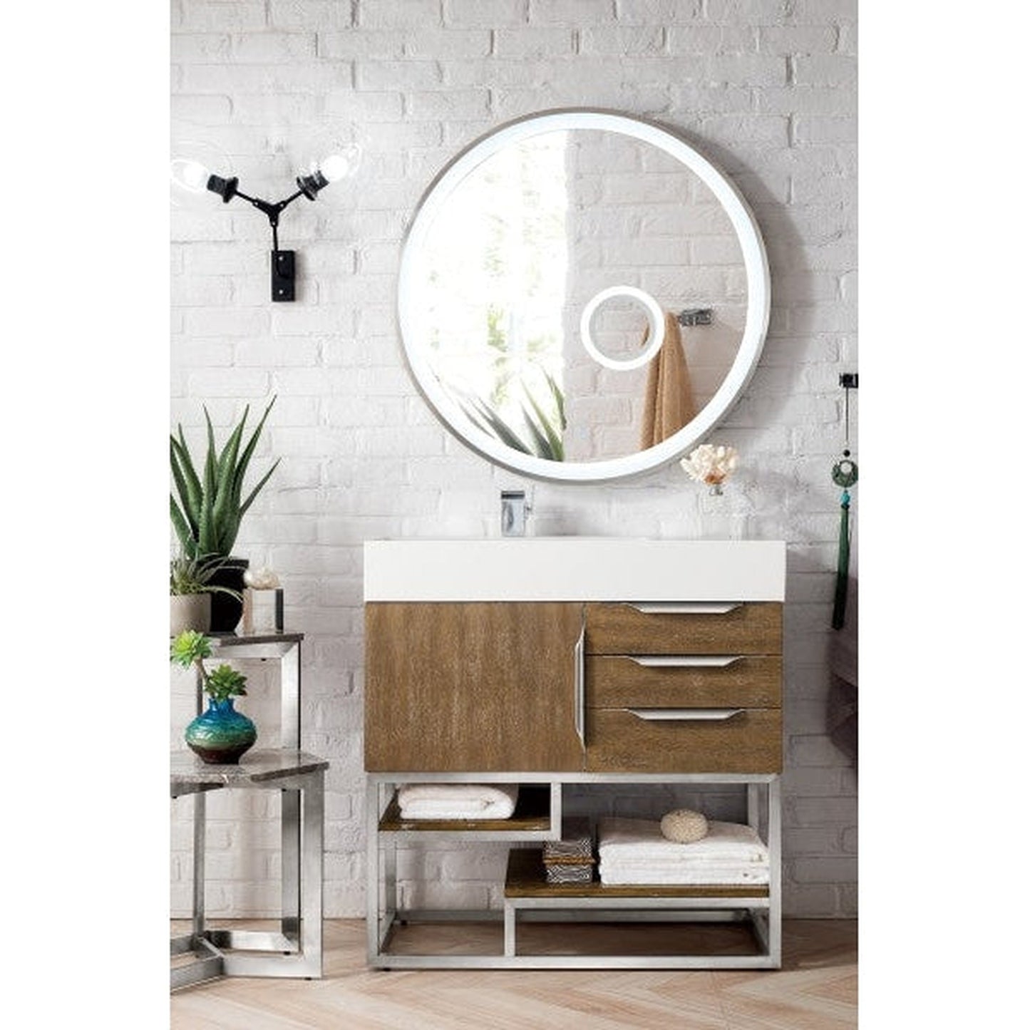 James Martin Columbia 36" Single Latte Oak Bathroom Vanity With 6" Glossy White Composite Countertop