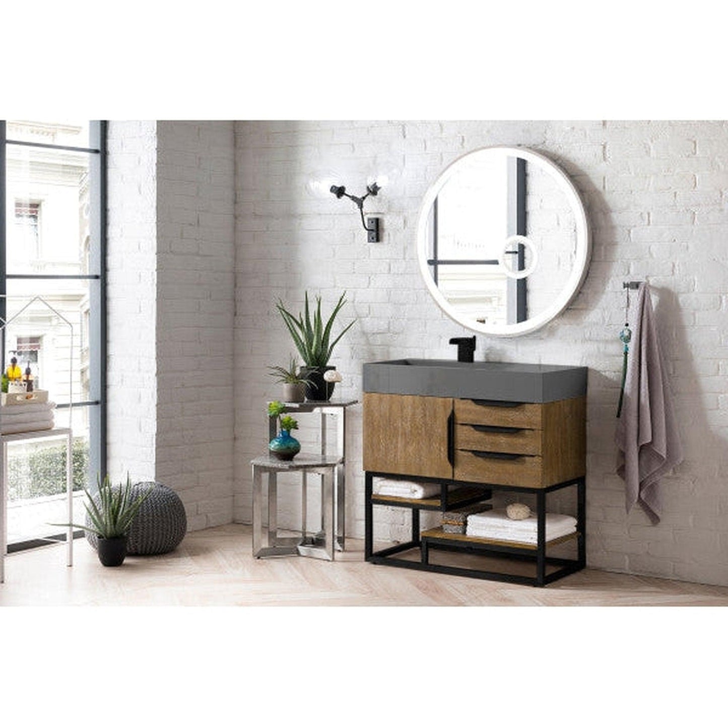 James Martin Columbia 36" Single Latte Oak Bathroom Vanity With Matte Black Hardware and 6" Glossy Dusk Gray Composite Countertop