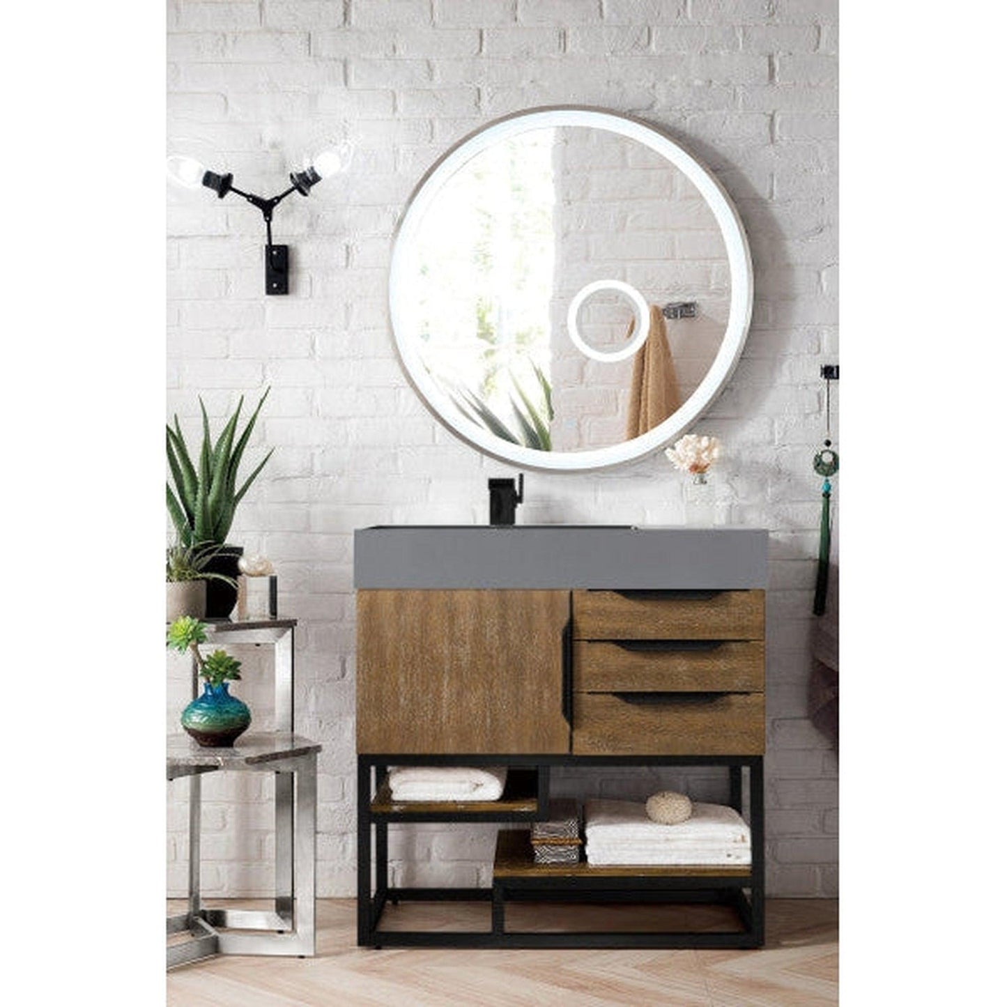 James Martin Columbia 36" Single Latte Oak Bathroom Vanity With Matte Black Hardware and 6" Glossy Dusk Gray Composite Countertop