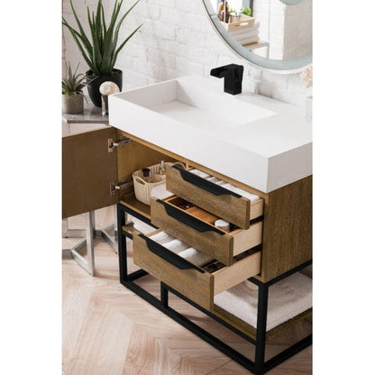 James Martin Columbia 36" Single Latte Oak Bathroom Vanity With Matte Black Hardware and 6" Glossy White Composite Countertop