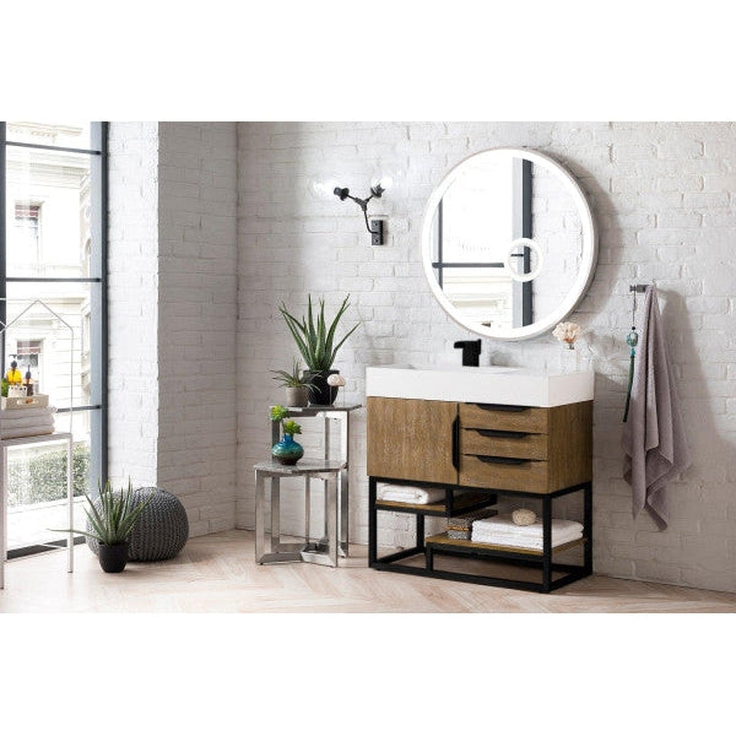 James Martin Columbia 36" Single Latte Oak Bathroom Vanity With Matte Black Hardware and 6" Glossy White Composite Countertop