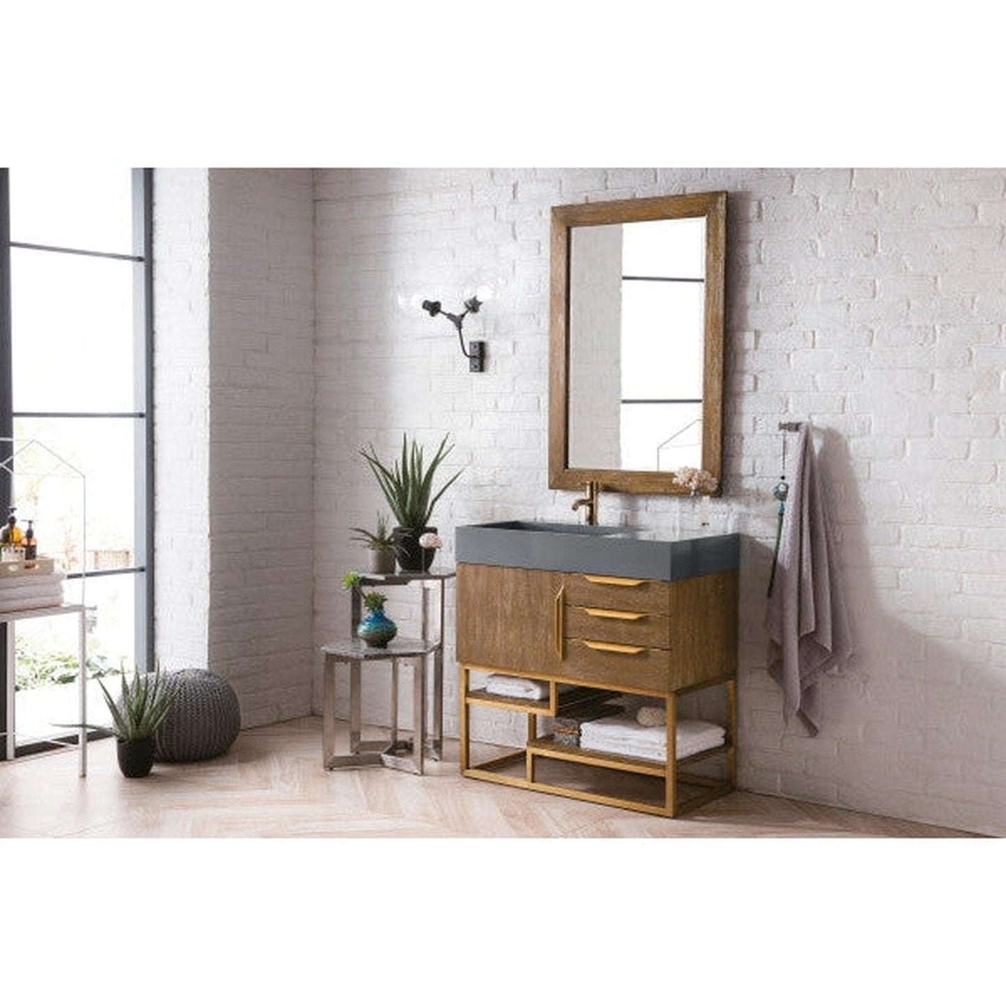 James Martin Columbia 36" Single Latte Oak Bathroom Vanity With Radiant Gold Hardware and 6" Glossy Dusk Gray Composite Countertop
