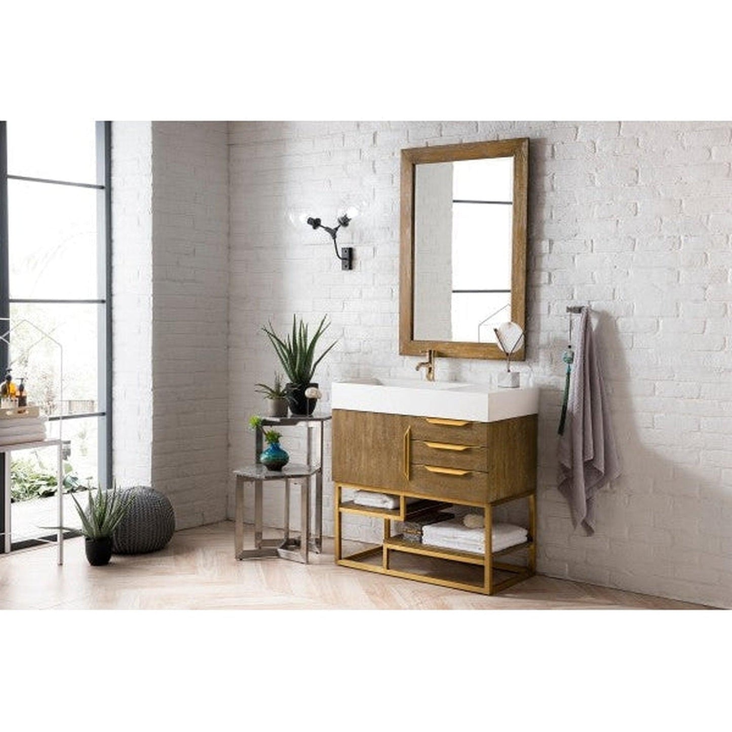 James Martin Columbia 36" Single Latte Oak Bathroom Vanity With Radiant Gold Hardware and 6" Glossy White Composite Countertop