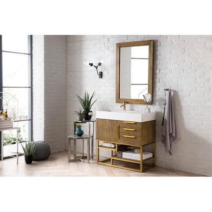 James Martin Columbia 36" Single Latte Oak Bathroom Vanity With Radiant Gold Hardware and 6" Glossy White Composite Countertop