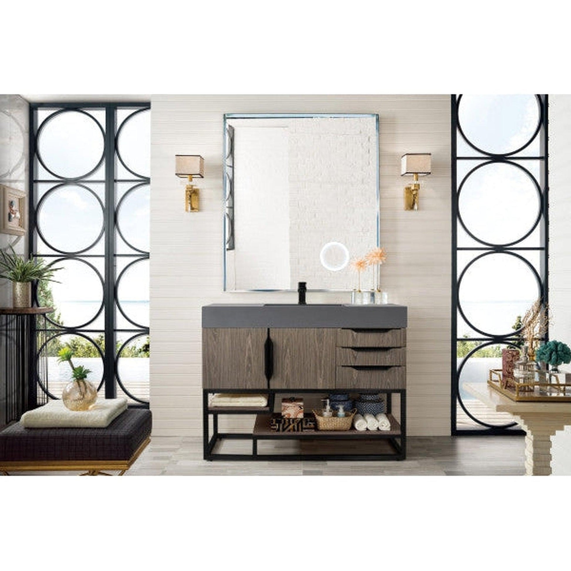 James Martin Columbia 48" Single Ash Gray Bathroom Vanity With Matte Black Hardware and 6" Glossy Dusk Gray Composite Countertop