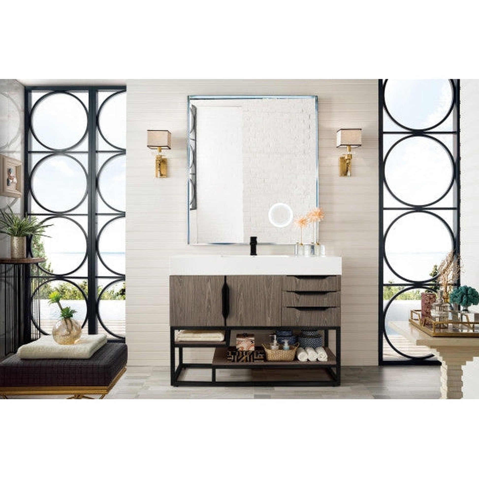 James Martin Columbia 48" Single Ash Gray Bathroom Vanity With Matte Black Hardware and 6" Glossy White Composite Countertop