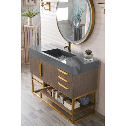 James Martin Columbia 48" Single Ash Gray Bathroom Vanity With Radiant Gold Hardware and 6" Glossy Dusk Gray Composite Countertop