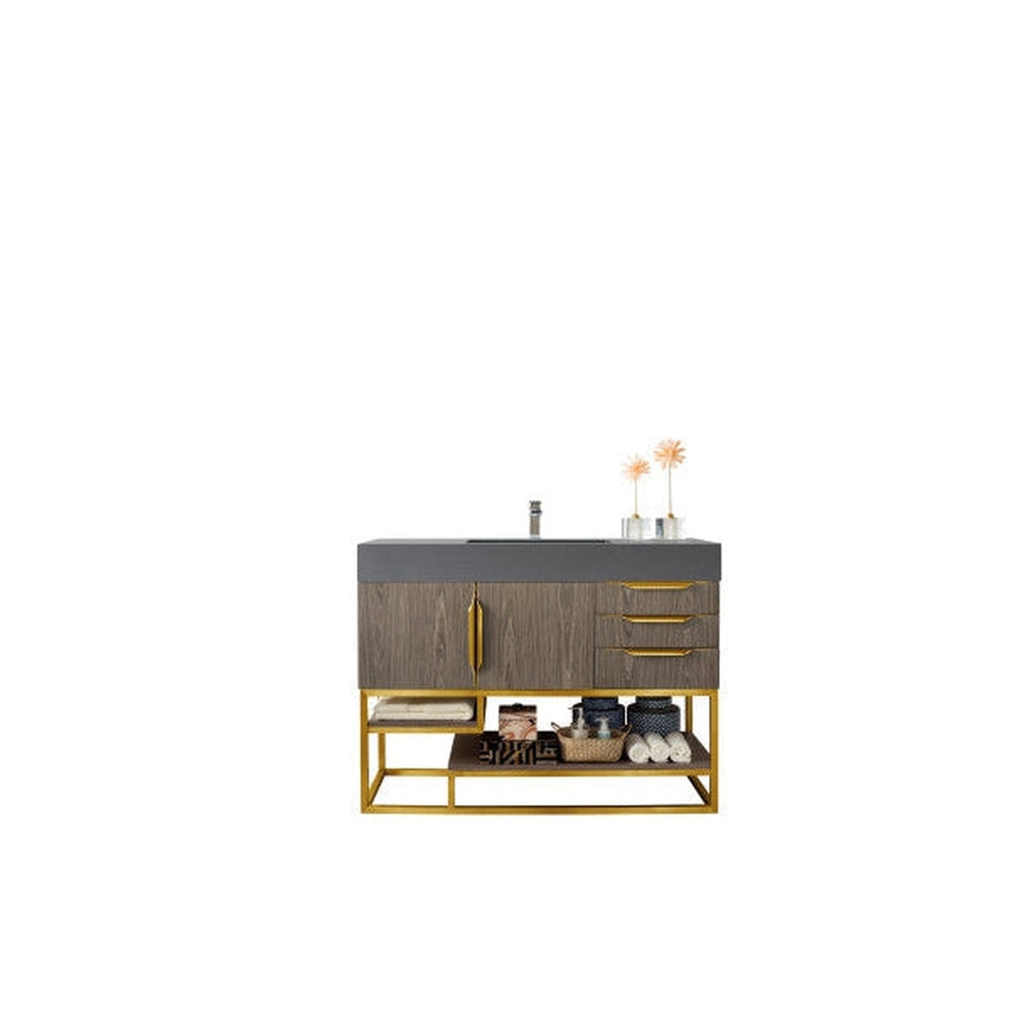James Martin Columbia 48" Single Ash Gray Bathroom Vanity With Radiant Gold Hardware and 6" Glossy Dusk Gray Composite Countertop