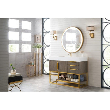 James Martin Columbia 48" Single Ash Gray Bathroom Vanity With Radiant Gold Hardware and 6" Glossy White Composite Countertop