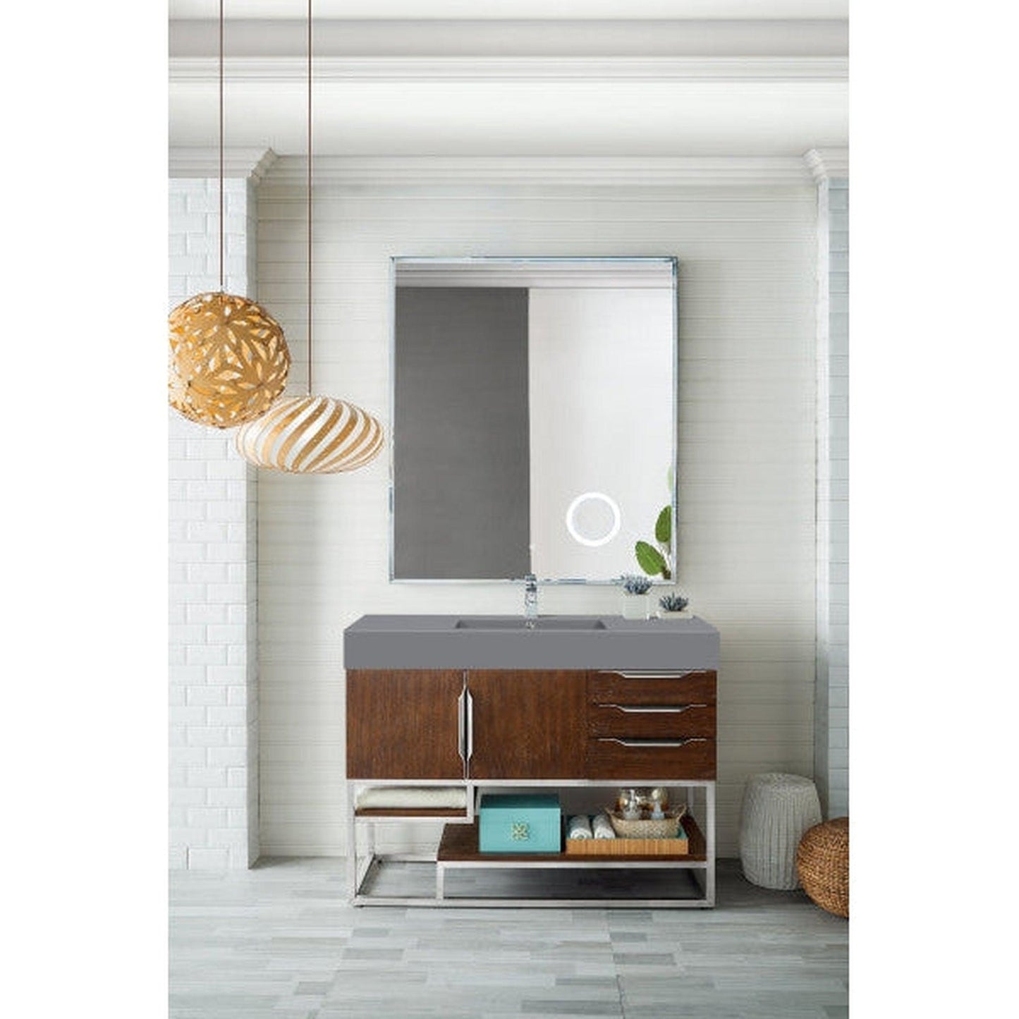 James Martin Columbia 48" Single Coffee Oak Bathroom Vanity With 6" Glossy Dusk Gray Composite Countertop