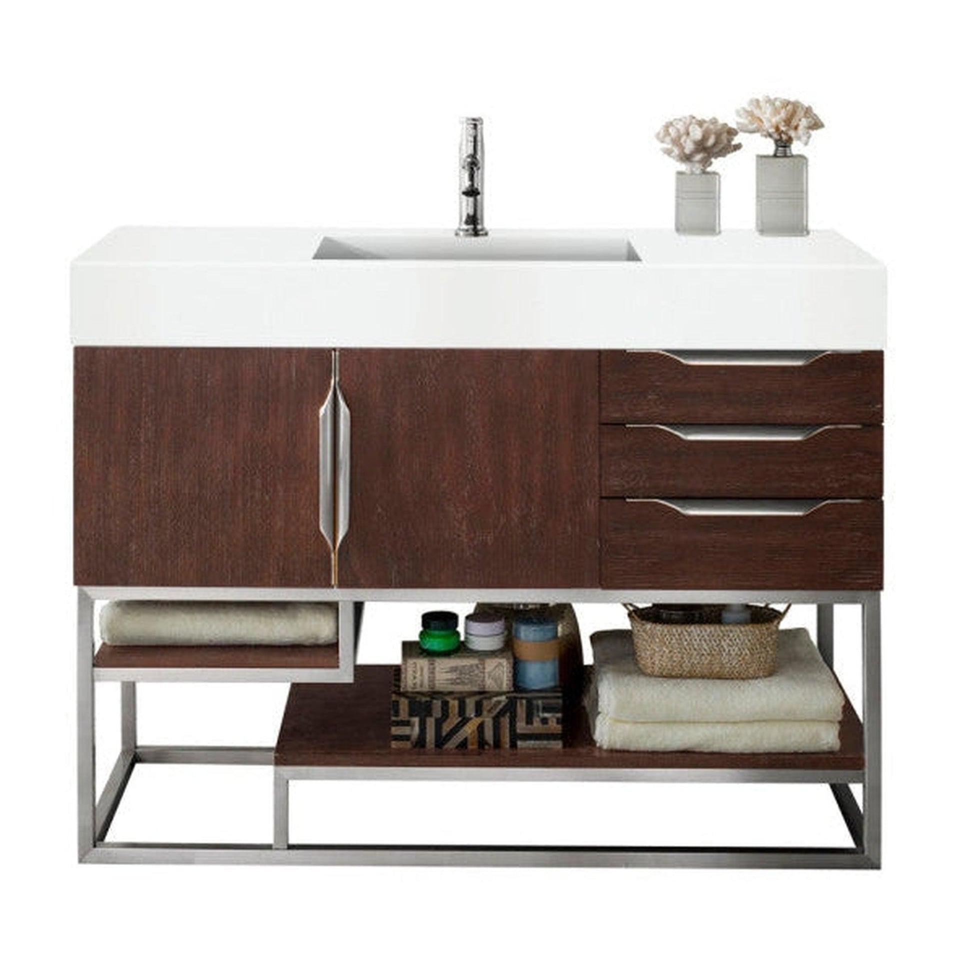 James Martin Columbia 48" Single Coffee Oak Bathroom Vanity With 6" Glossy White Composite Countertop