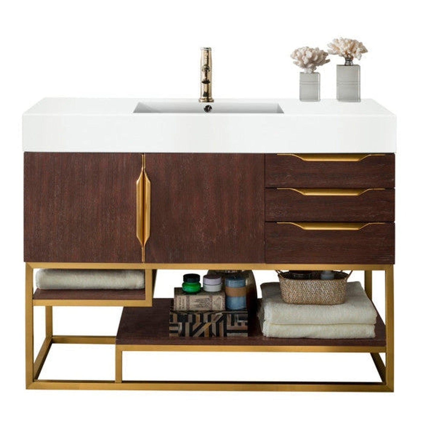 James Martin Columbia 48" Single Coffee Oak Bathroom Vanity With Radiant Gold Hardware and 6" Glossy White Composite Countertop