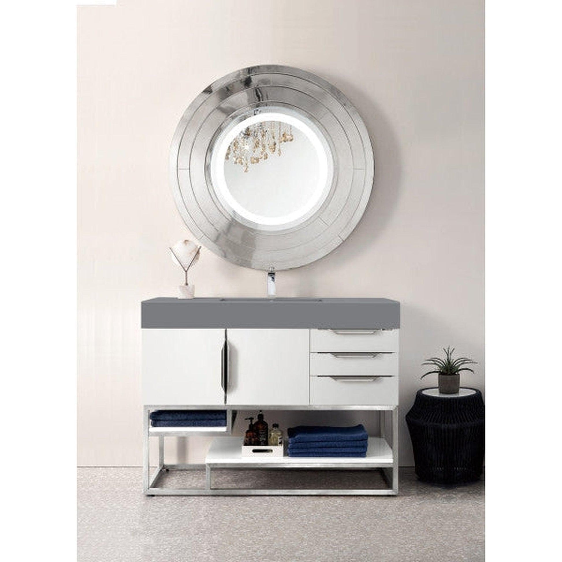 James Martin Columbia 48" Single Glossy White Bathroom Vanity With 6" Glossy Dusk Gray Composite Countertop