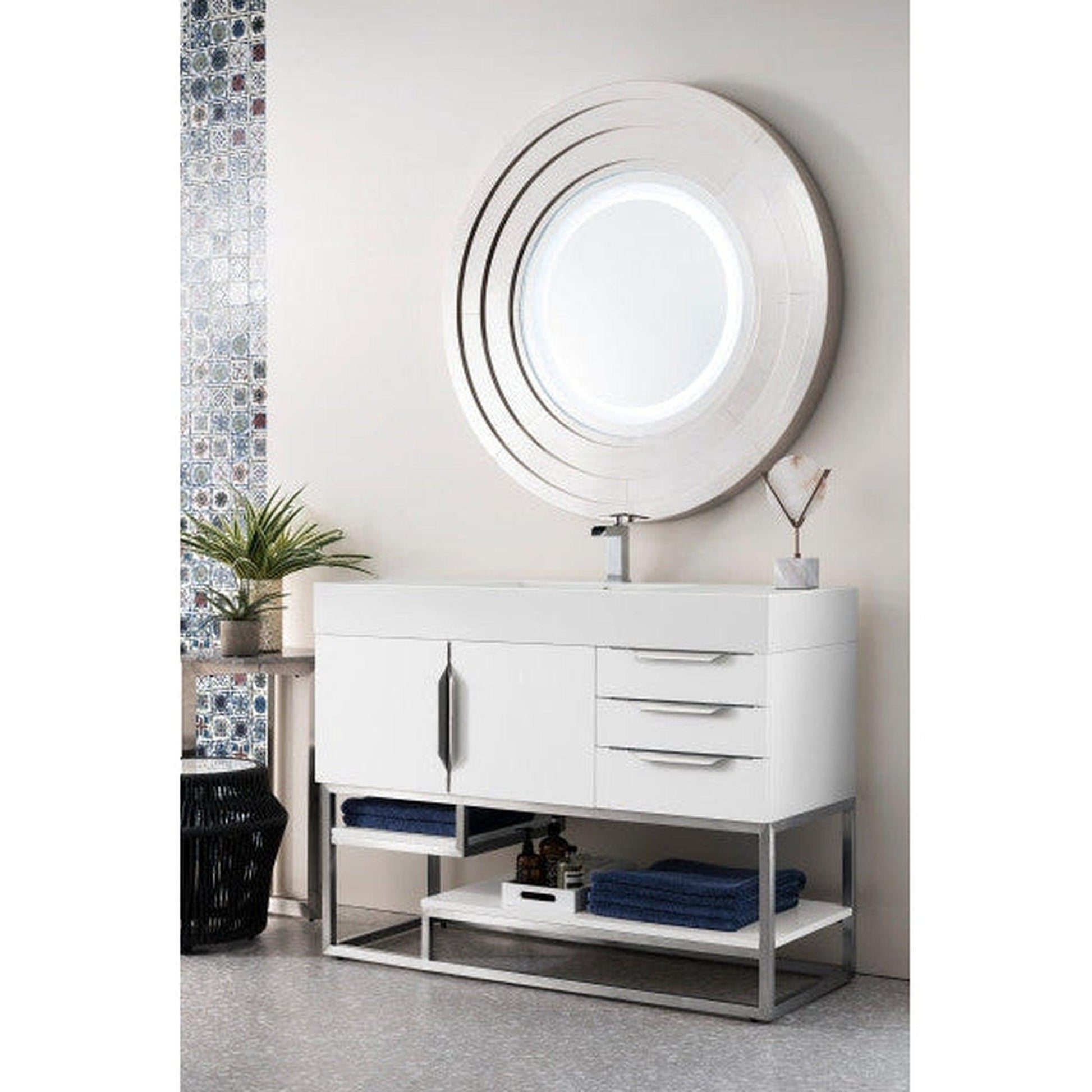 James Martin Columbia 48" Single Glossy White Bathroom Vanity With 6" Glossy White Composite Countertop