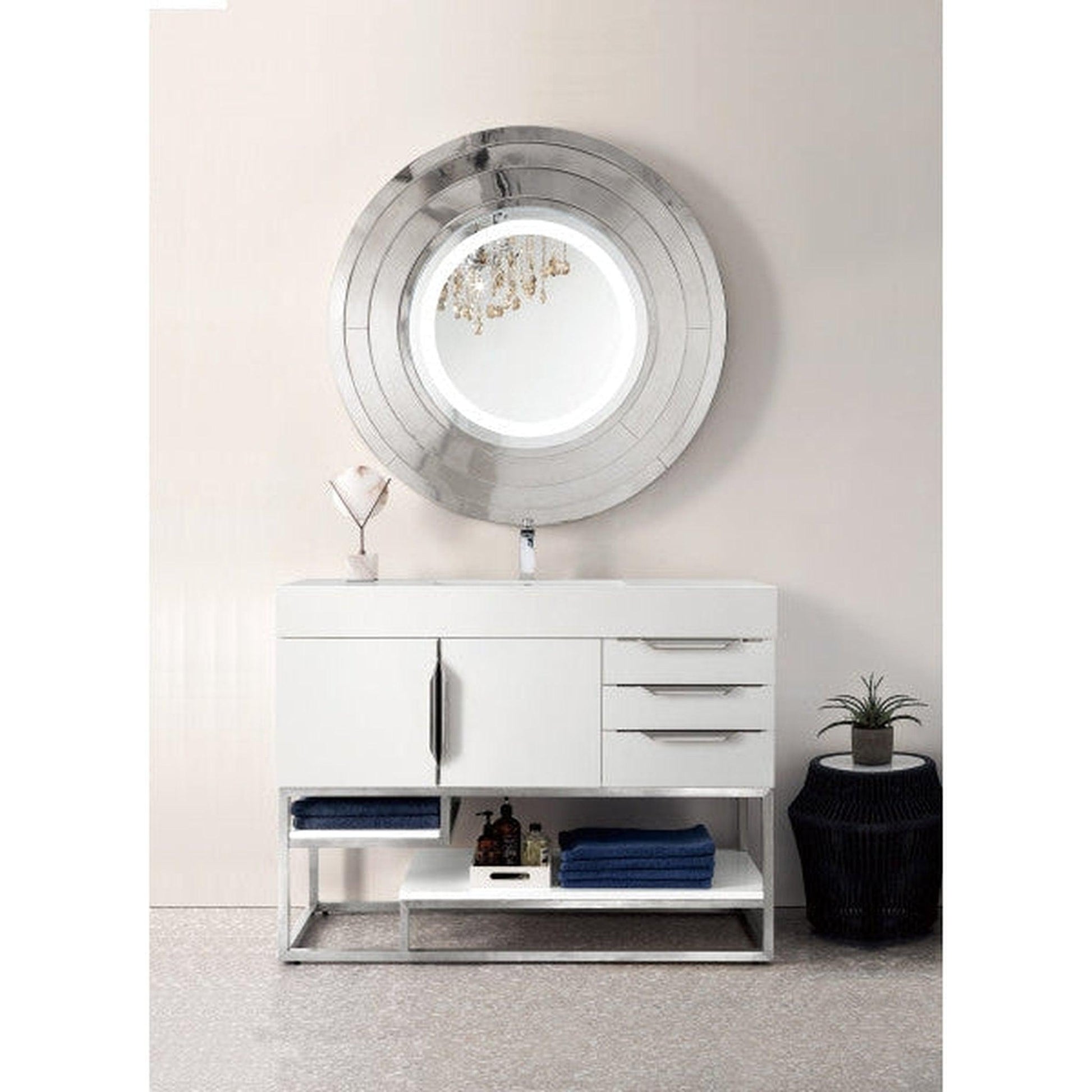 James Martin Columbia 48" Single Glossy White Bathroom Vanity With 6" Glossy White Composite Countertop