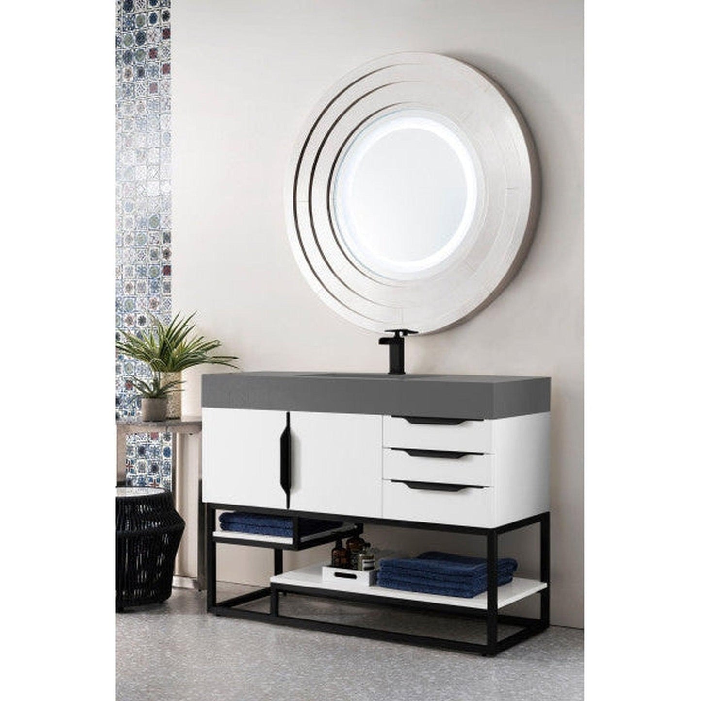 James Martin Columbia 48" Single Glossy White Bathroom Vanity With Matte Black Hardware and 6" Glossy Dusk Gray Composite Countertop