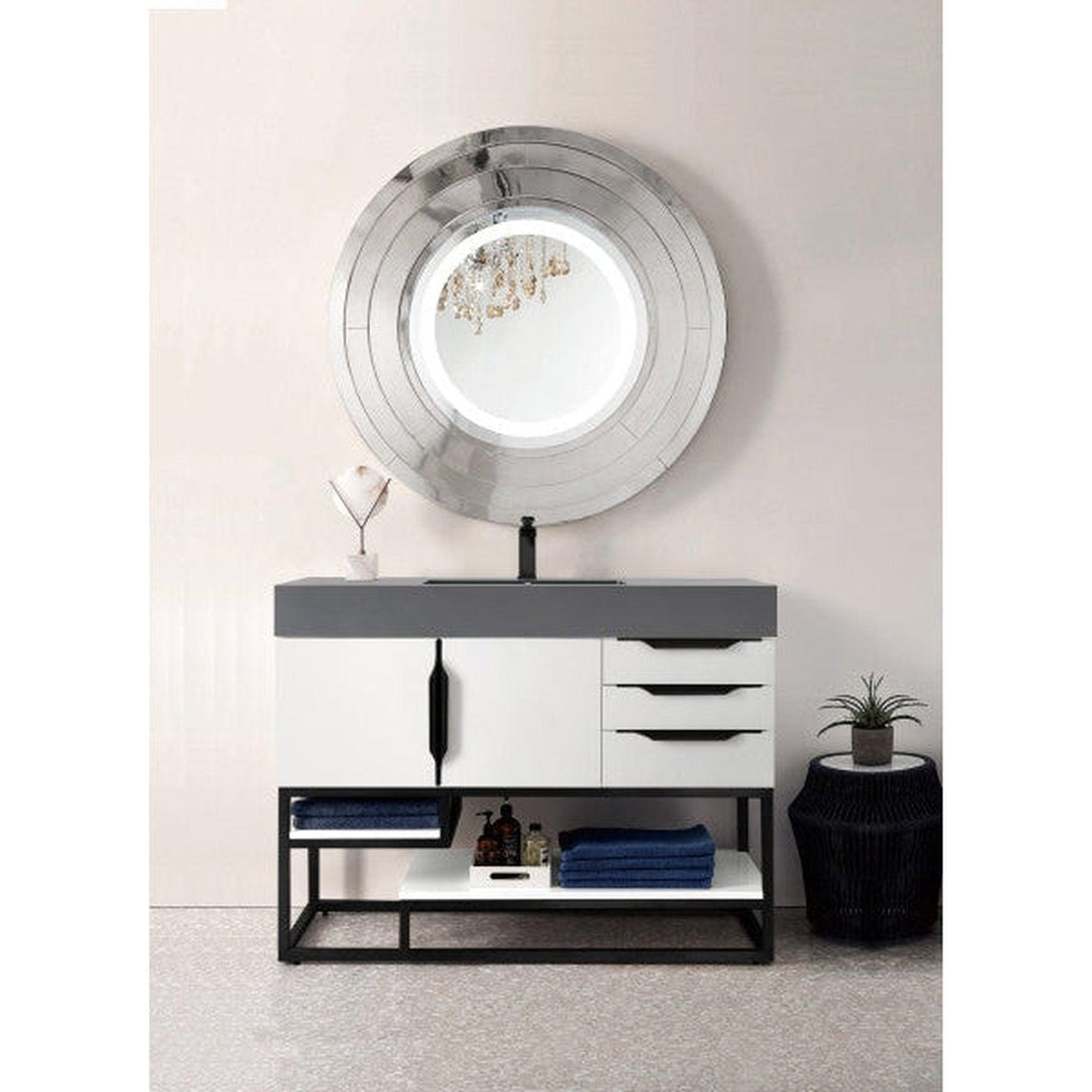 James Martin Columbia 48" Single Glossy White Bathroom Vanity With Matte Black Hardware and 6" Glossy Dusk Gray Composite Countertop