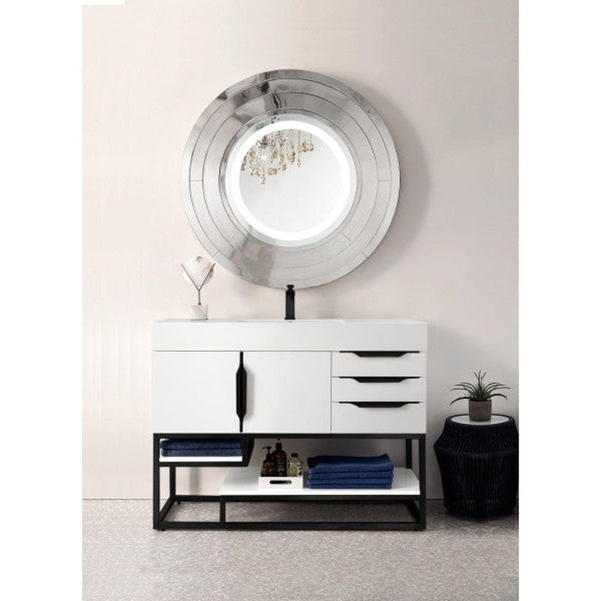 James Martin Columbia 48" Single Glossy White Bathroom Vanity With Matte Black Hardware and 6" Glossy White Composite Countertop